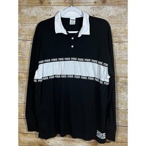 PINK VICTORIA'S SECRET BLACK AND WHITE LOGO PRINT POLO/COLLARD SHIRT SIZE LARGE